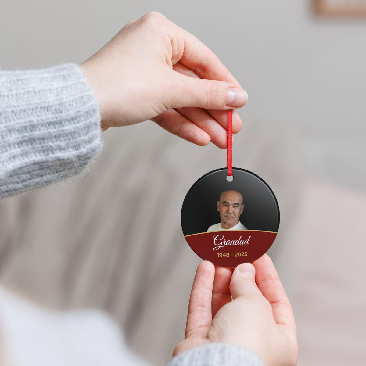 Berry red personalised memorial photo bauble, product view