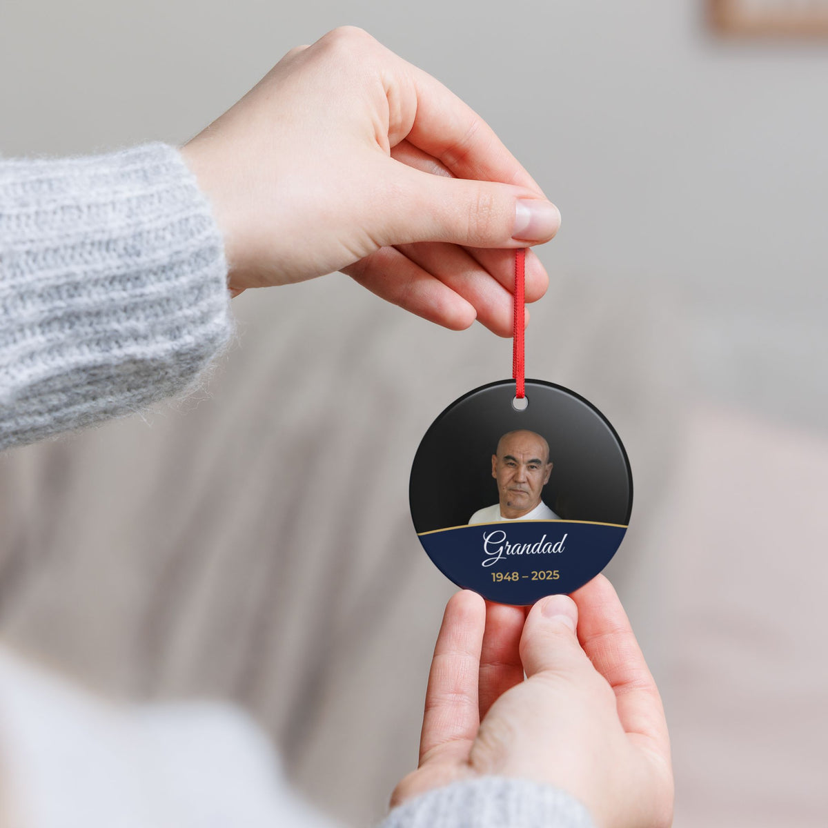 Midnight blue personalised memorial photo bauble, product view