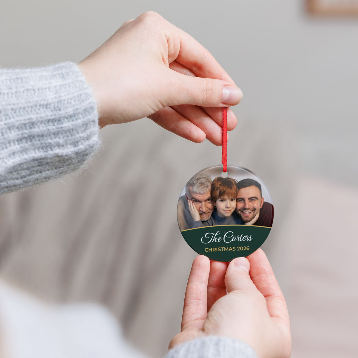 Forest green personalised family photo bauble, product view