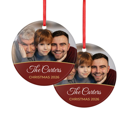 Berry red personalised family photo bauble, product view