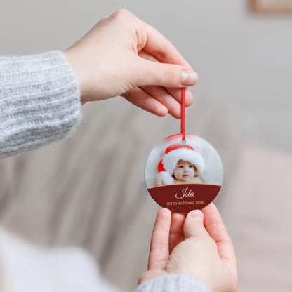 Berry red personalised Baby's 1st Christmas photo bauble, product view