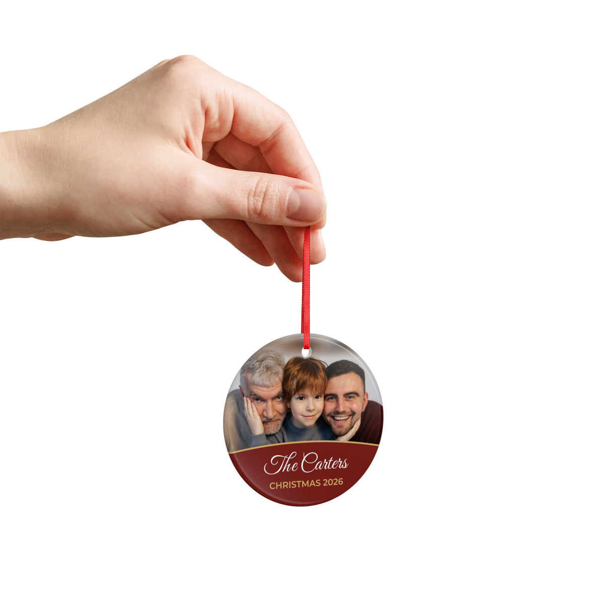Berry red personalised family photo bauble, product view