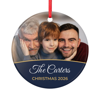 Midnight blue personalised family photo bauble, product view