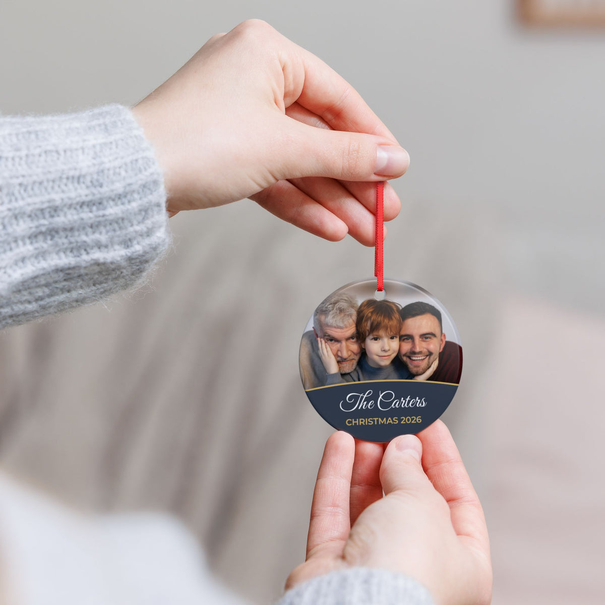 Slate personalised family photo bauble, product view