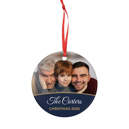 Midnight blue personalised family photo bauble, product view