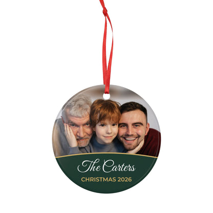 Forest green personalised family photo bauble, product view