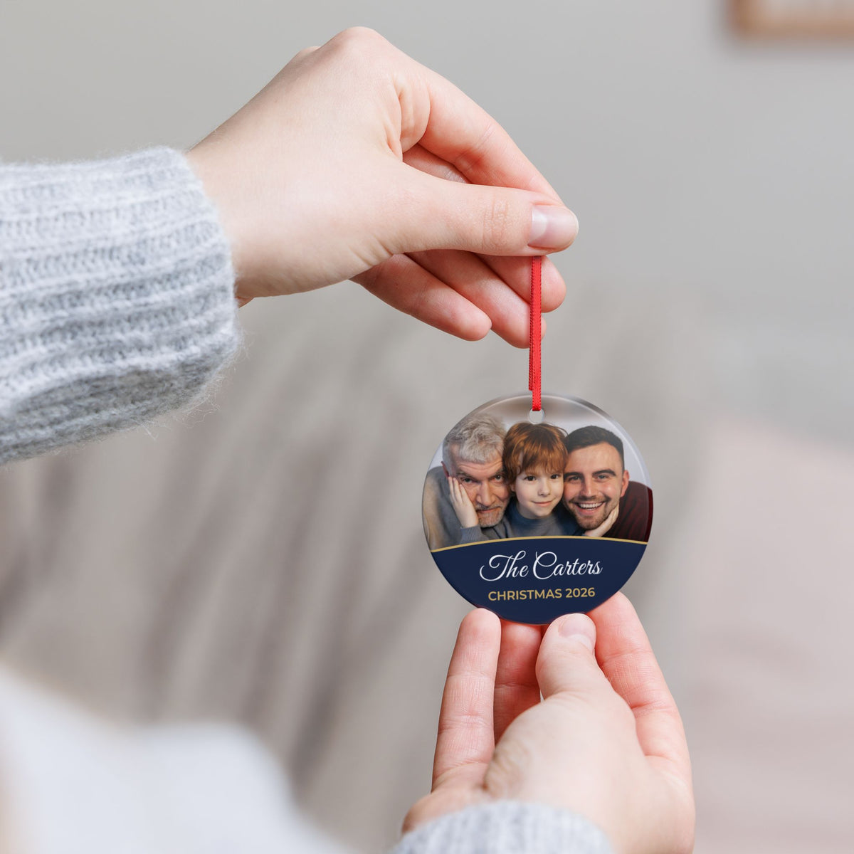 Midnight blue personalised family photo bauble, product view