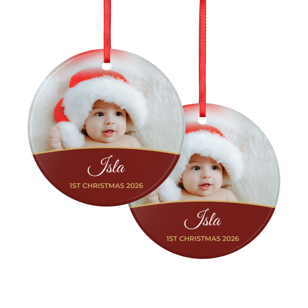 Berry red personalised Baby's 1st Christmas photo bauble, product view