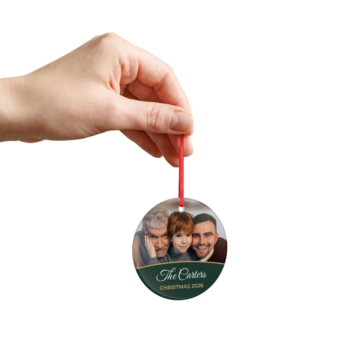 Forest green personalised family photo bauble, product view