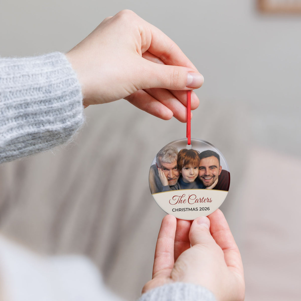 Cream personalised family photo bauble, product view
