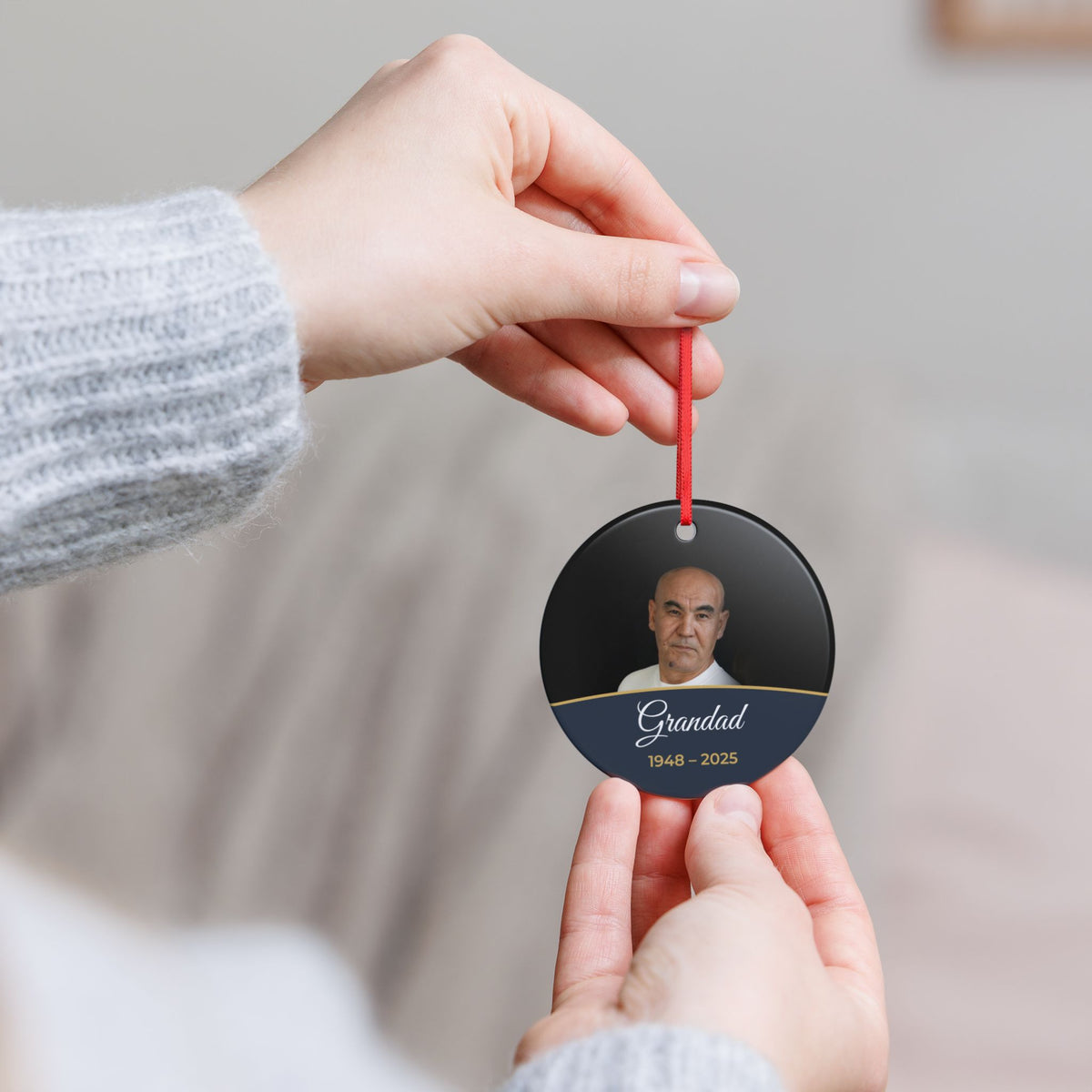 Slate personalised memorial photo bauble, product view