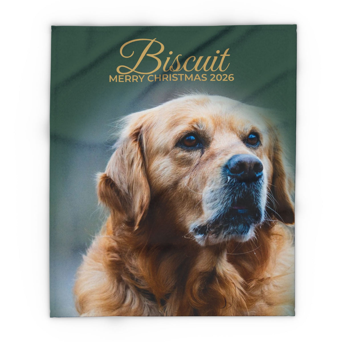 Forest green personalised photo blanket with a pet photo and name, product view