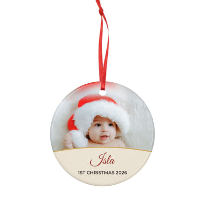 Cream personalised Baby's 1st Christmas photo bauble, product view