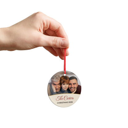 Cream personalised family photo bauble, product view