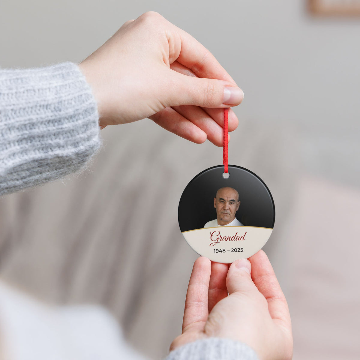 Cream personalised memorial photo bauble, product view