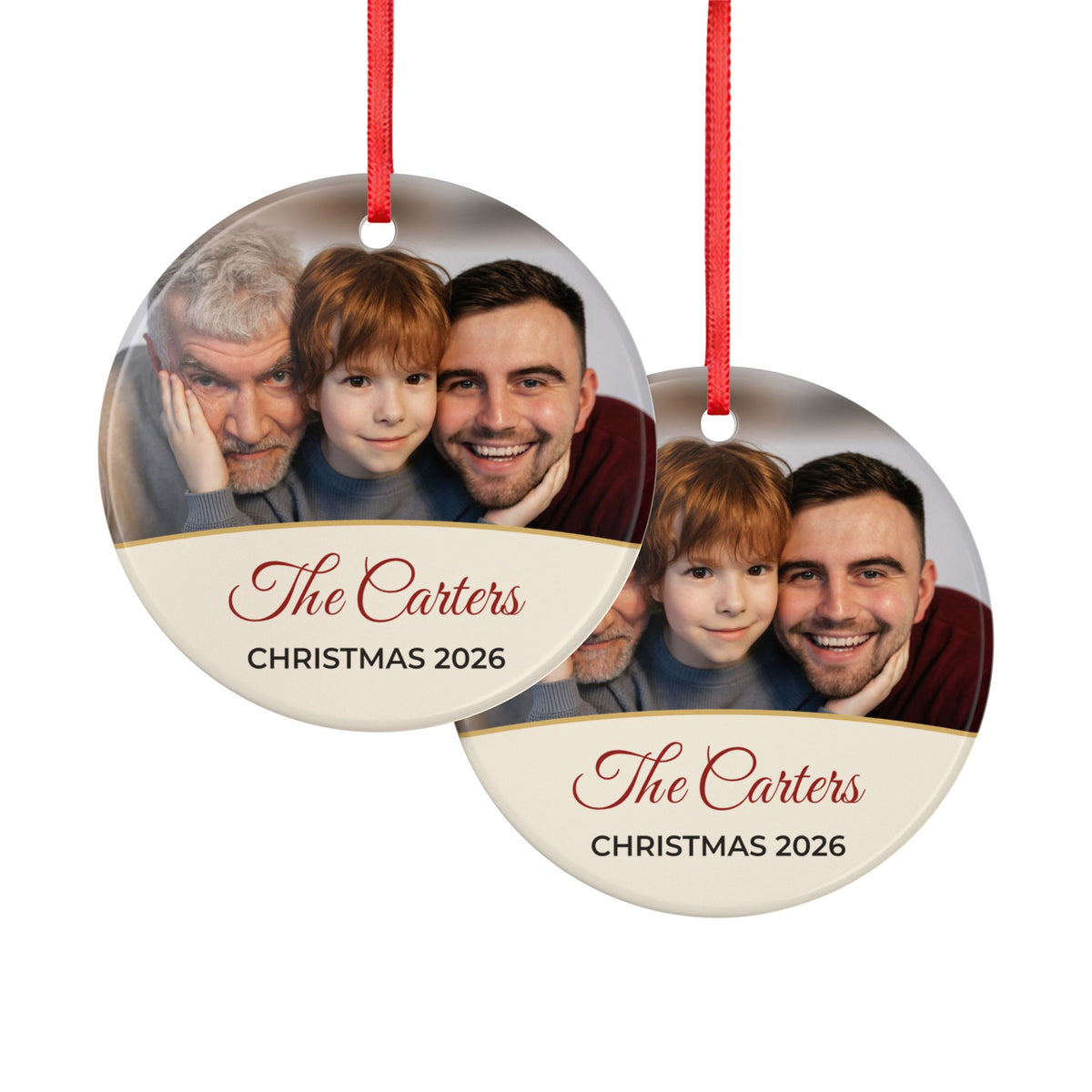 Cream personalised family photo bauble, product view