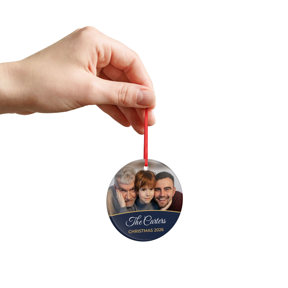 Midnight blue personalised family photo bauble, product view
