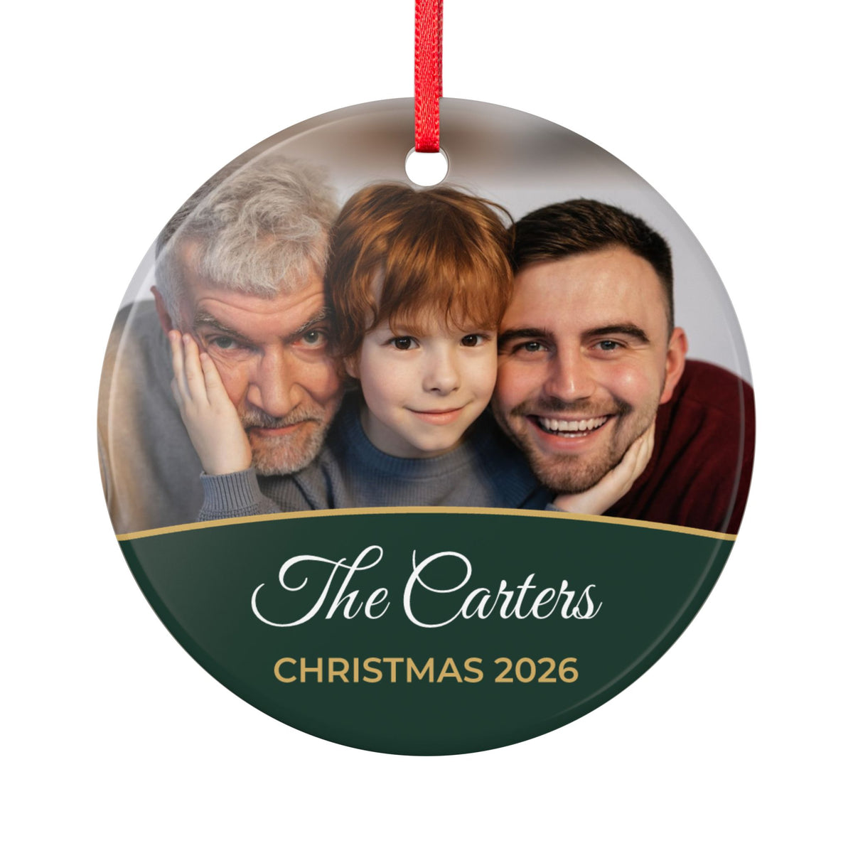 Forest green personalised family photo bauble, product view