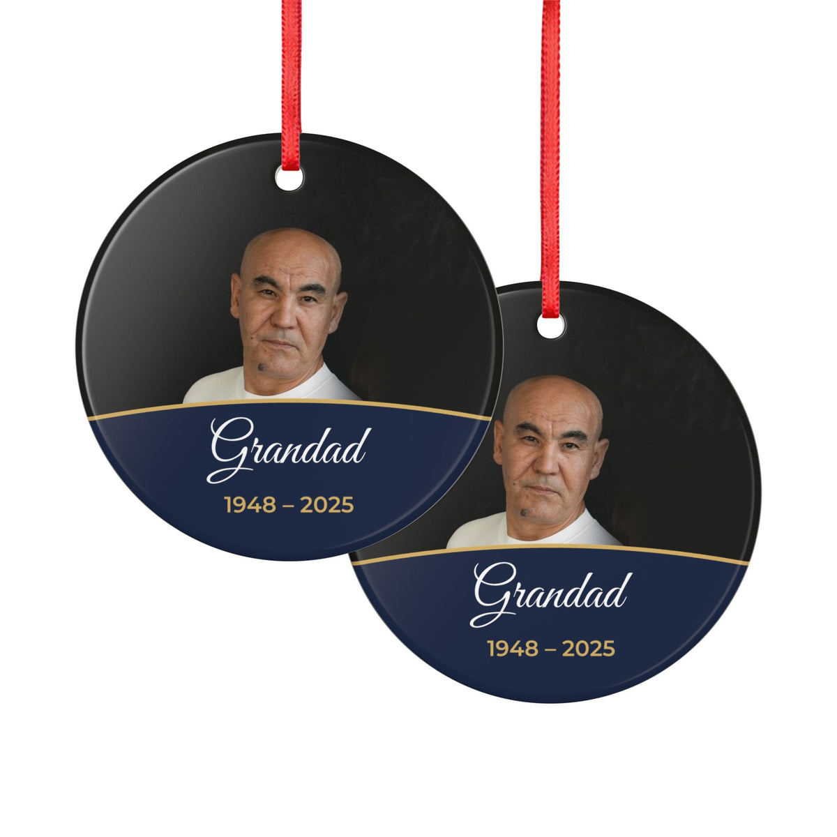 Midnight blue personalised memorial photo bauble, product view