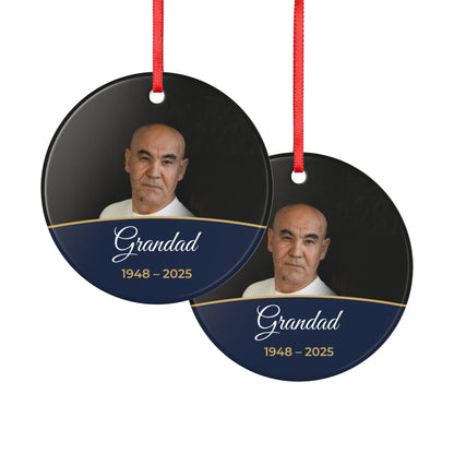 Midnight blue personalised memorial photo bauble, product view