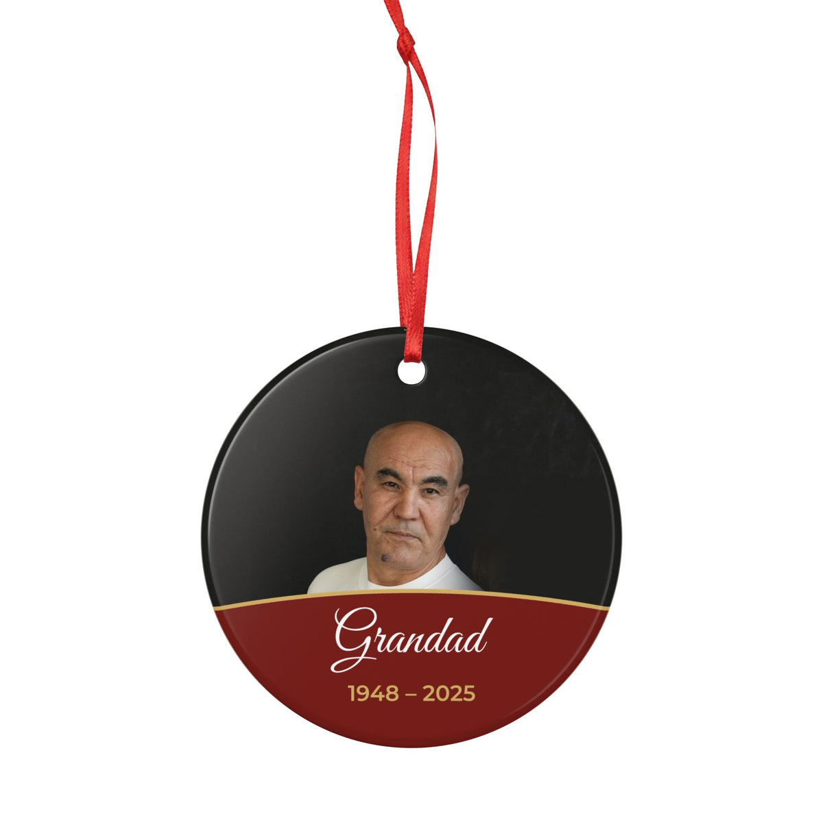 Berry red personalised memorial photo bauble, product view