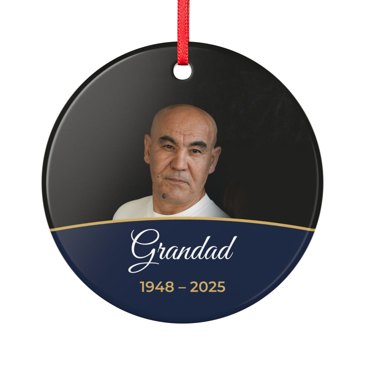 Midnight blue personalised memorial photo bauble, product view