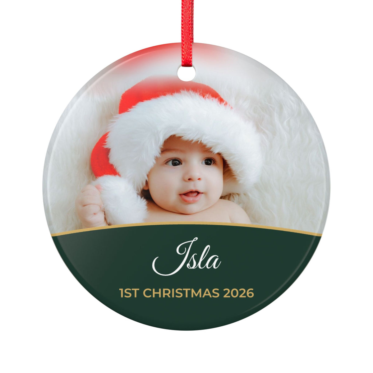 Forest green personalised Baby's 1st Christmas photo bauble, product view