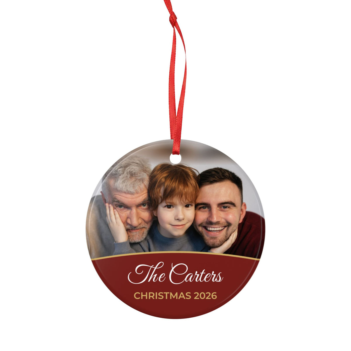 Berry red personalised family photo bauble, product view
