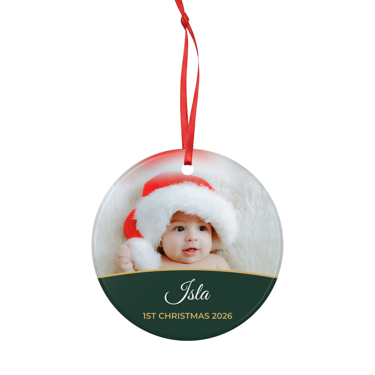 Forest green personalised Baby's 1st Christmas photo bauble, product view