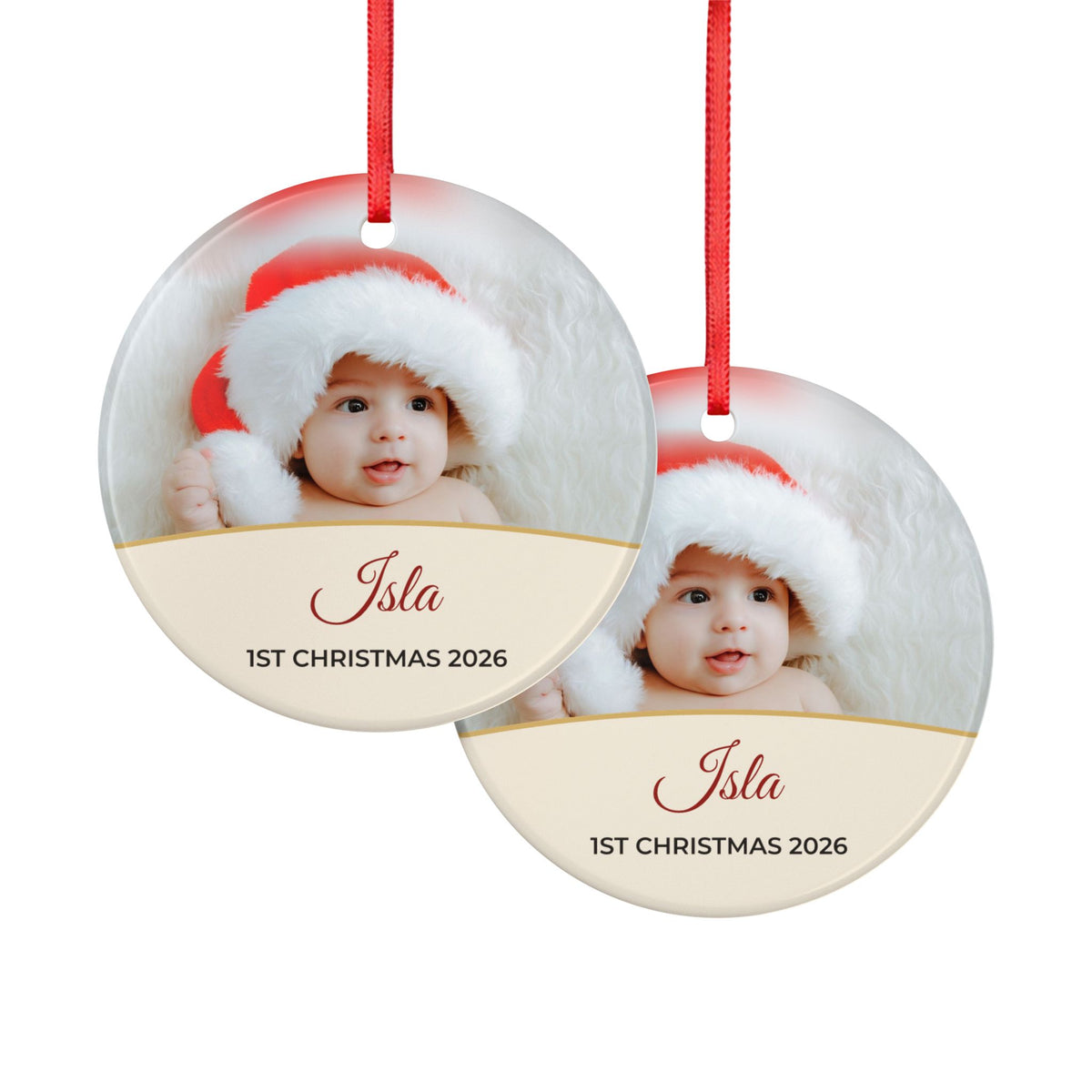 Cream personalised Baby's 1st Christmas photo bauble, product view