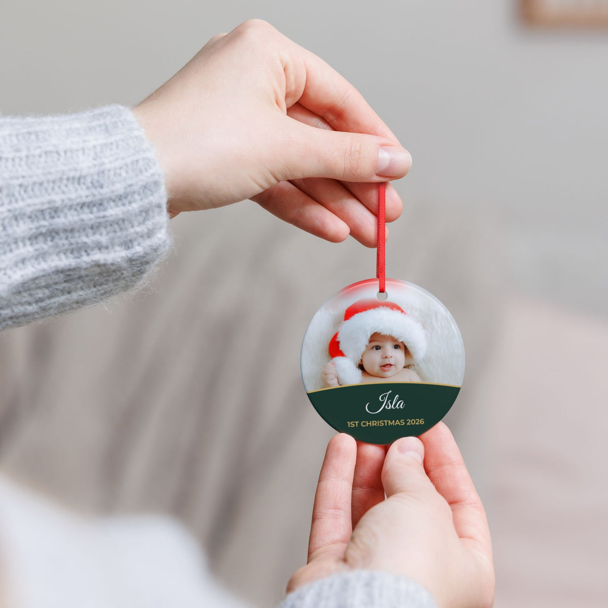 Forest green personalised Baby's 1st Christmas photo bauble, product view
