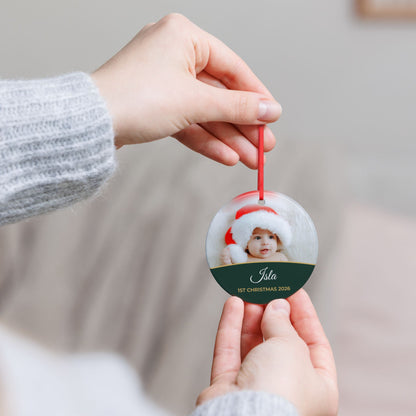 Forest green personalised Baby's 1st Christmas photo bauble, product view