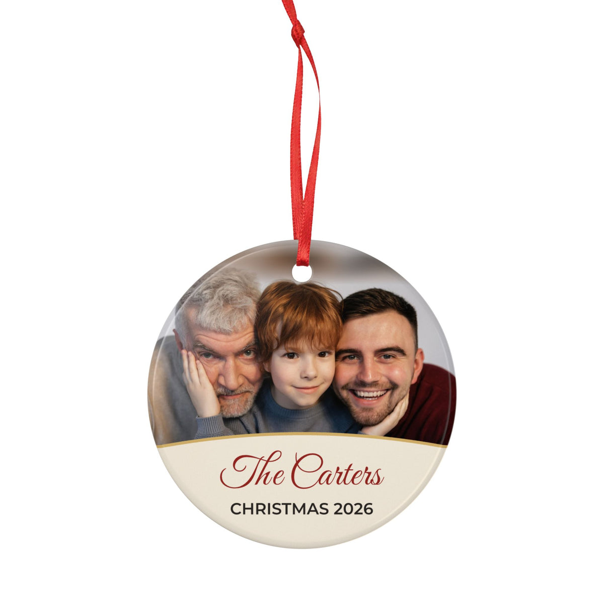 Cream personalised family photo bauble, product view