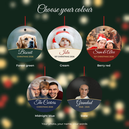 Photo bauble colours: forest green, cream, berry red, midnight blue and slate