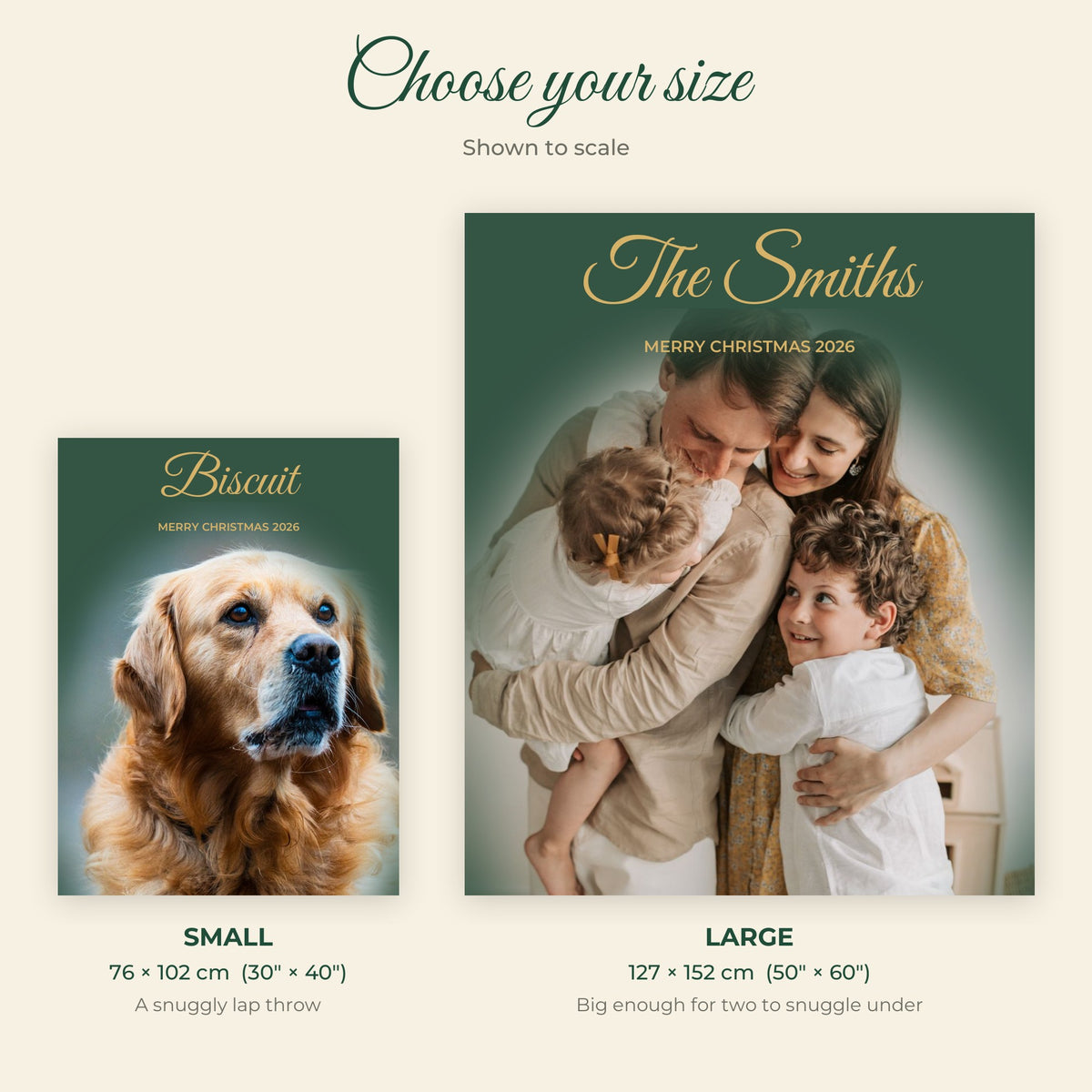 Photo blanket sizes: Small 30 x 40 in and Large 50 x 60 in