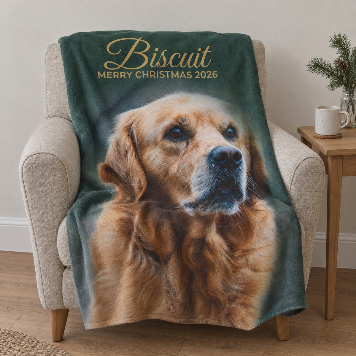 Forest green personalised photo blanket with a pet photo and name, product view