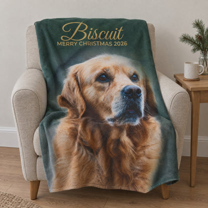 Forest green personalised photo blanket with a pet photo and name, product view