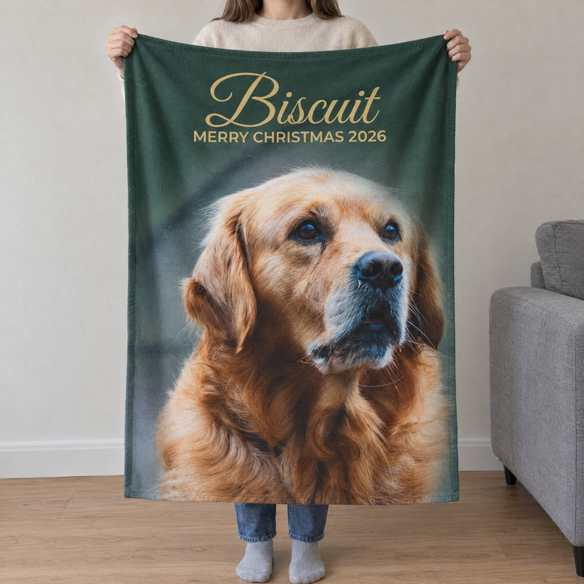 Forest green personalised photo blanket with a pet photo and name, product view