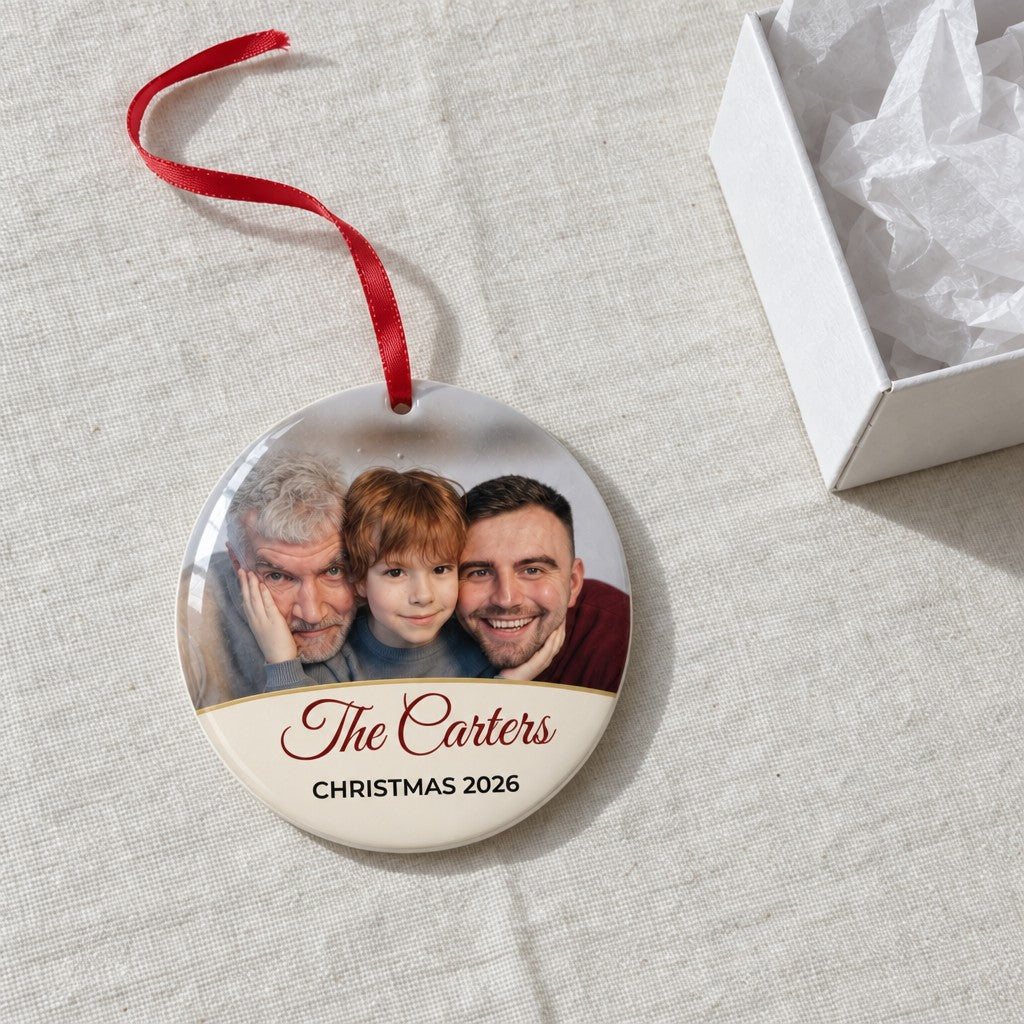 Cream personalised family photo bauble on a tablecloth beside a white gift box