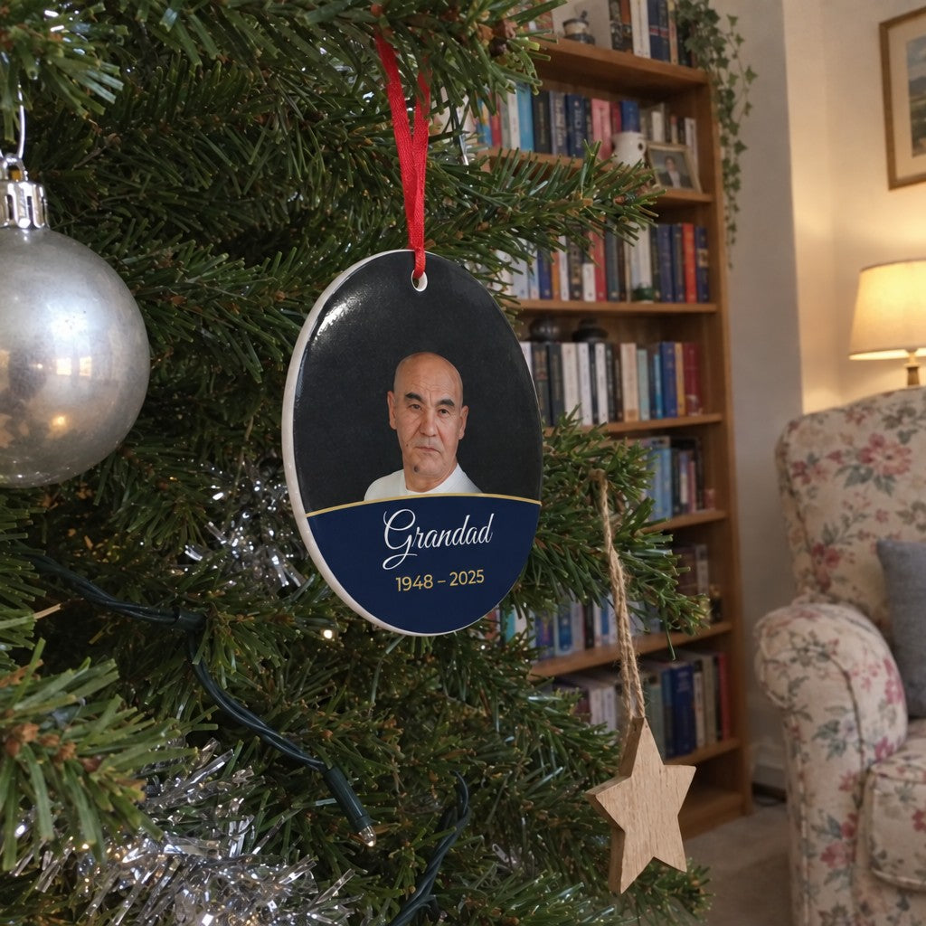 Midnight blue personalised memorial photo bauble hanging on a Christmas tree