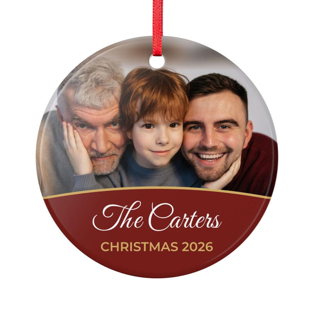 Berry red personalised family photo bauble, product view