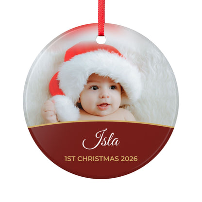 Berry red personalised Baby's 1st Christmas photo bauble, product view