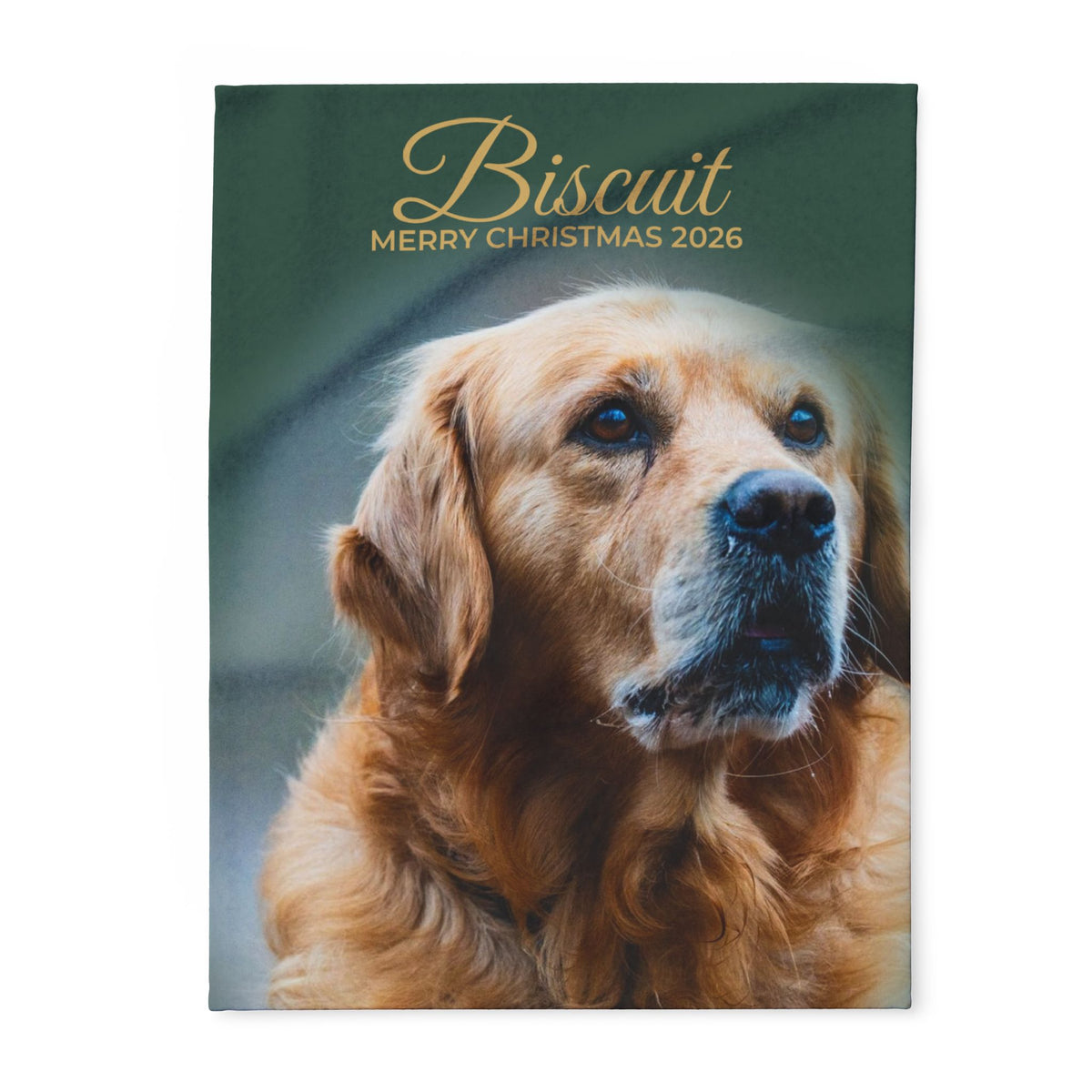 Forest green personalised photo blanket with a pet photo and name, product view