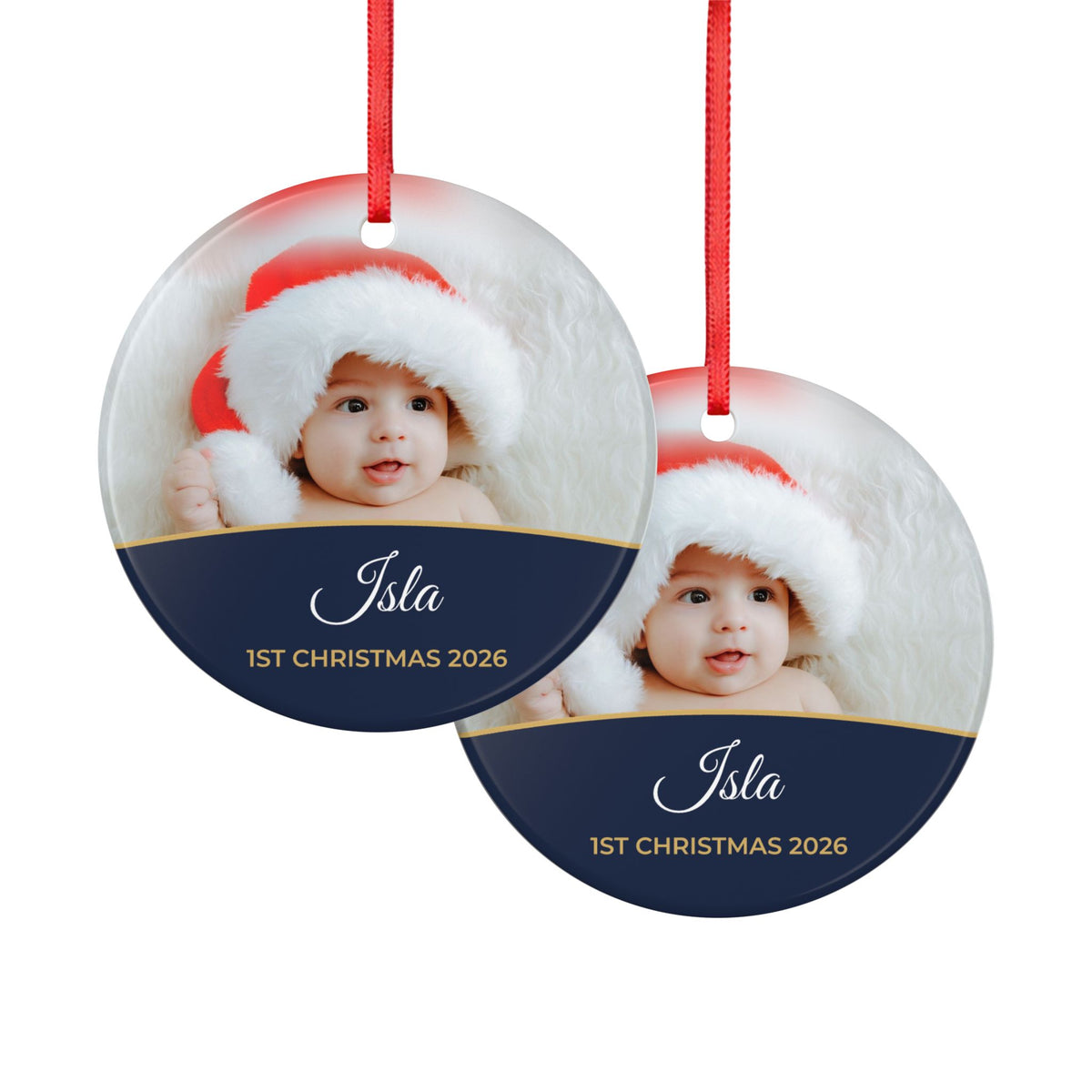 Midnight blue personalised Baby's 1st Christmas photo bauble, product view
