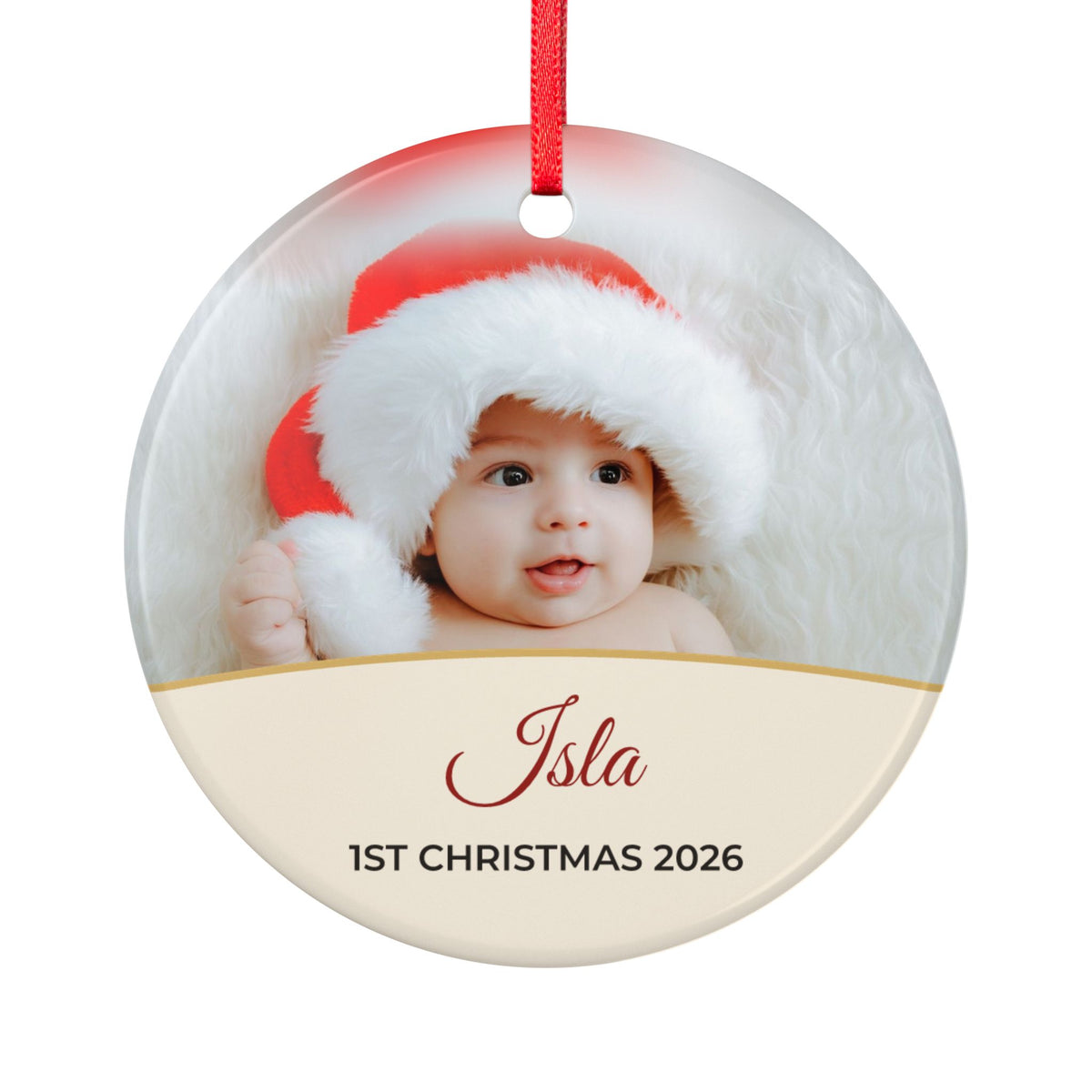 Cream personalised Baby's 1st Christmas photo bauble, product view