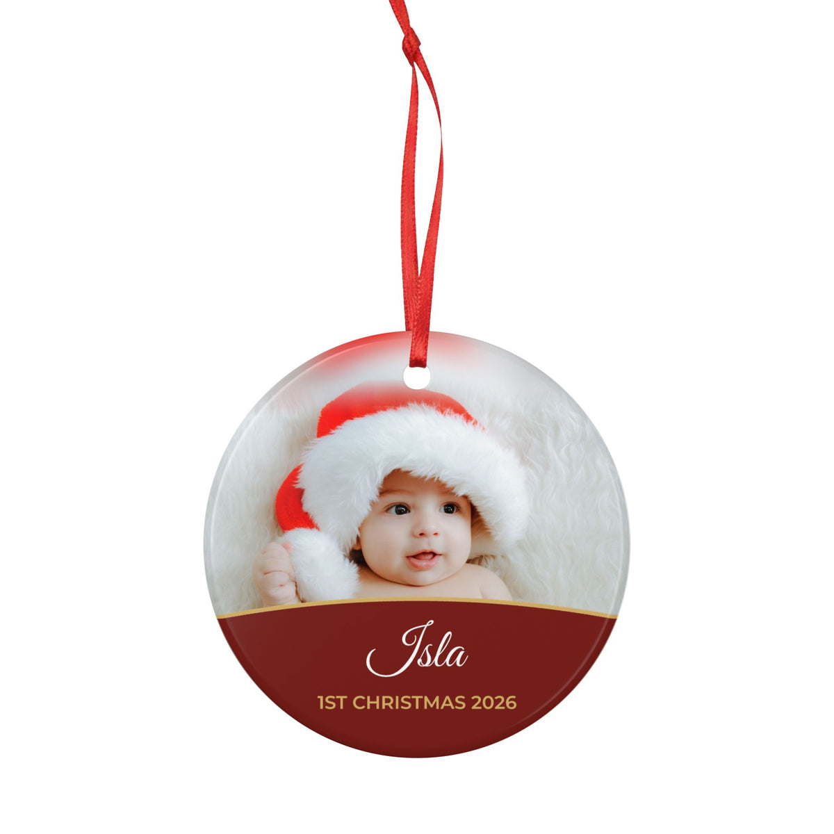 Berry red personalised Baby's 1st Christmas photo bauble, product view