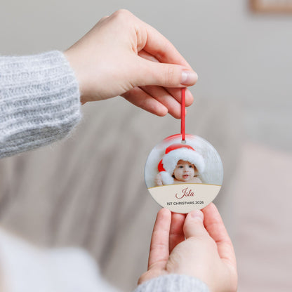 Cream personalised Baby's 1st Christmas photo bauble, product view