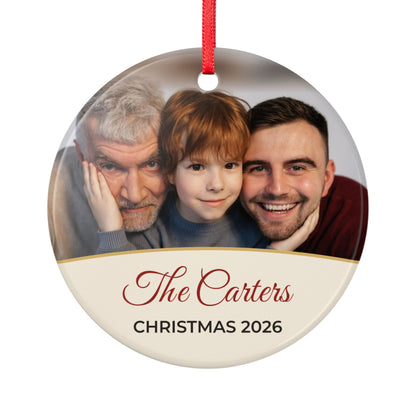 Cream personalised family photo bauble, product view
