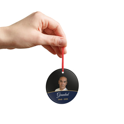 Midnight blue personalised memorial photo bauble, product view