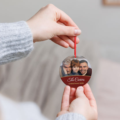 Berry red personalised family photo bauble, product view